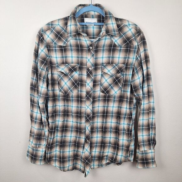 Wrangler Other - Wrangler Wrancher Soft Flannel Blue Plaid Western Shirt Pearl Snap Size Medium